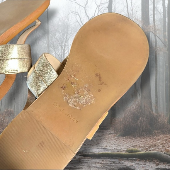 Cole Haan ‘Ainsley Grand T-Strap Sandals’ in Tan & Gold Metallic Leather Size 7 - Picture 15 of 16